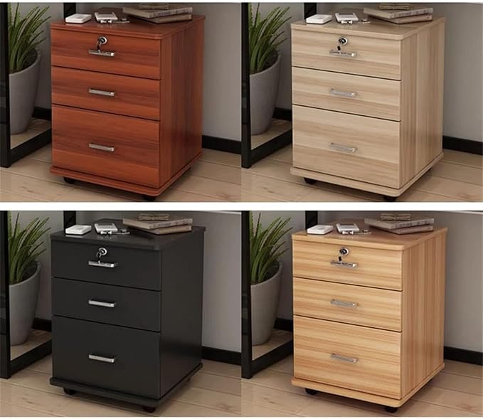 3 Drawer Wooden Office Cabinet File Storage Cabinet with Lock Floor Stand Wheel Design Movable File Organizer(F)