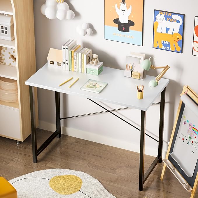 Sweetcrispy Small Computer Desk47 Inch Office Writing Work Desk with Metal Frame Wooden Tabletop Student Study Home Bedroom Table with X-Shaped Reinforcement White