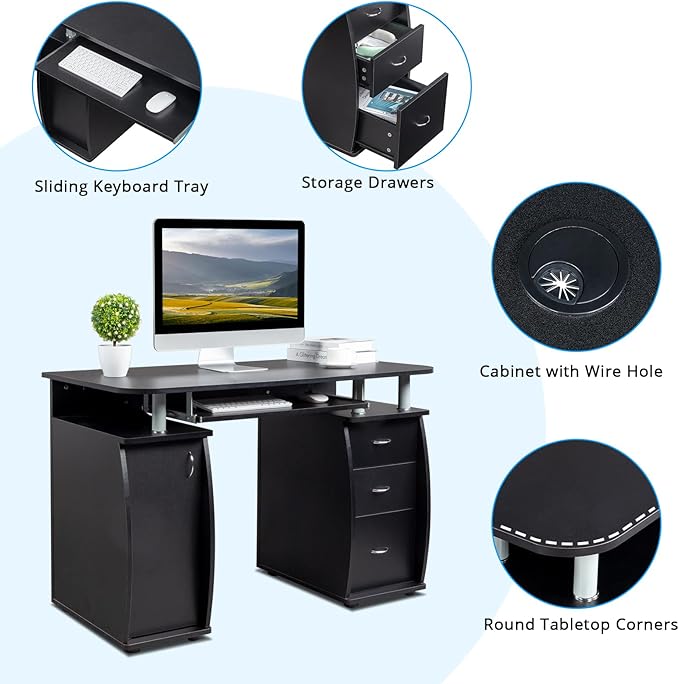 Karl home Computer Desk with Drawers &amp Storage Cabinet Small Office Desk PC Laptop Workstation for Home Studio Office Apartment Black