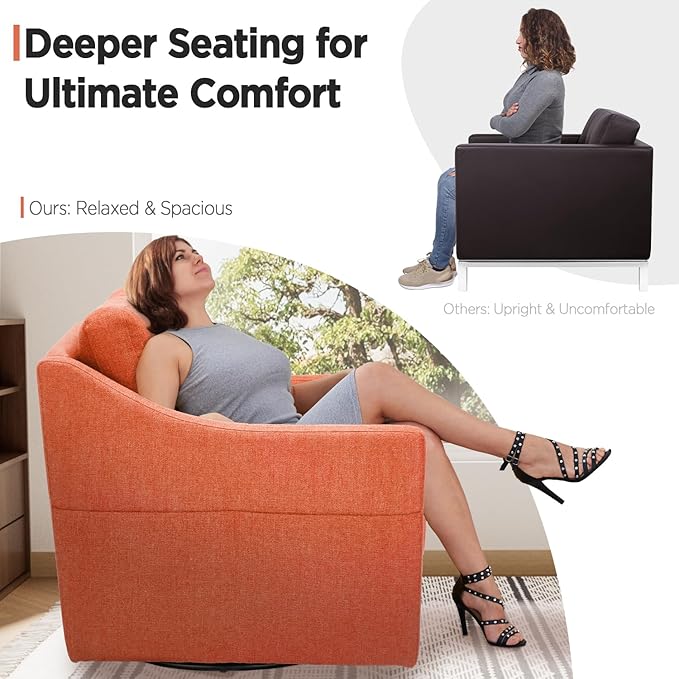 HOMREST 360° Swivel Accent Chair Single -Terracotta Orange Linen Fabric Armchair with Lumbar Pillow &amp Storage Pockets Ergonomic Barrel Chair for Living Room Office Bedroom