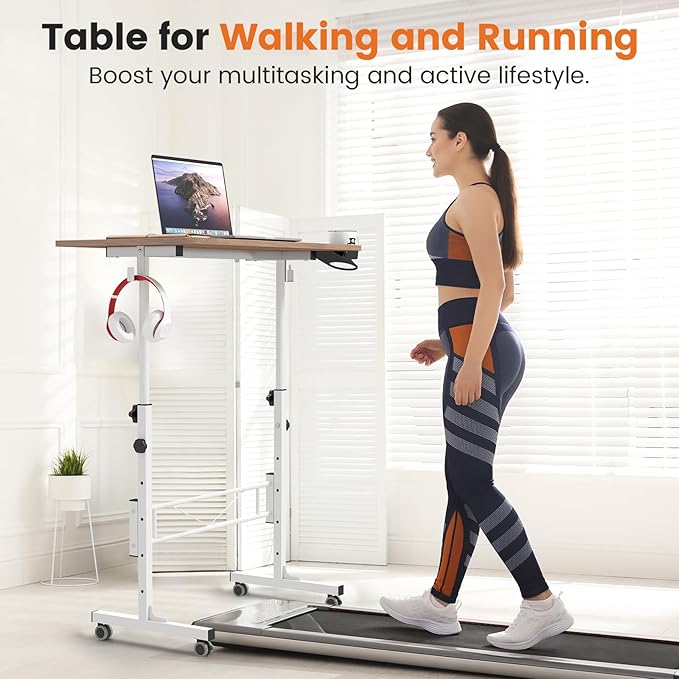Hadulcet Portable Standing Desk Rolling Desk Adjustable Height Mobile Laptop Desk Small Stand Up Table with Wheels Walking Table for Treadmill Walking Pad Tall Computer Stand Oak