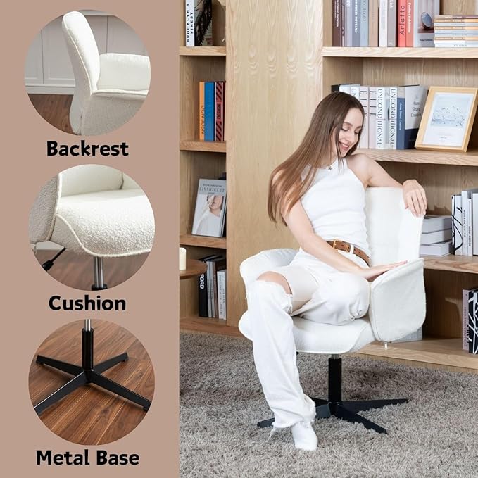 FurnitureR Relax Chair Featuring Fashionable Loop Yarn 12.6 INCHES X Base. Unique Living Room Chair with 360° Swivel Function and Height Adjustment Function White