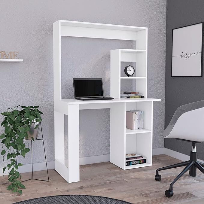Writing Computer Desk with Storage Shelves and Hutch Desk with Hutch Five Storage Shelves for Home Office White