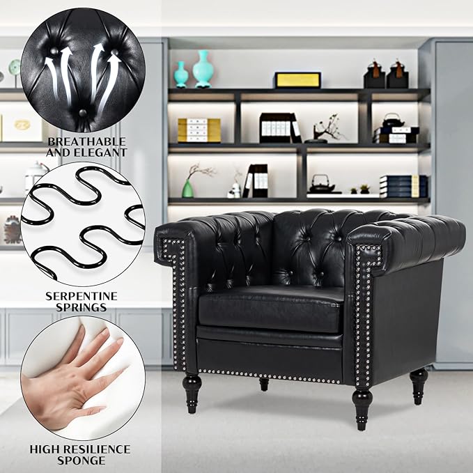 Modern Living Room Chairs Oversized Chesterfield Chair Black Faux Leather Tufted Arm Accent Sofa Chairs Deep Seat Comfy Classic Club Wingback Single Sofa Chair for Bedroom Office