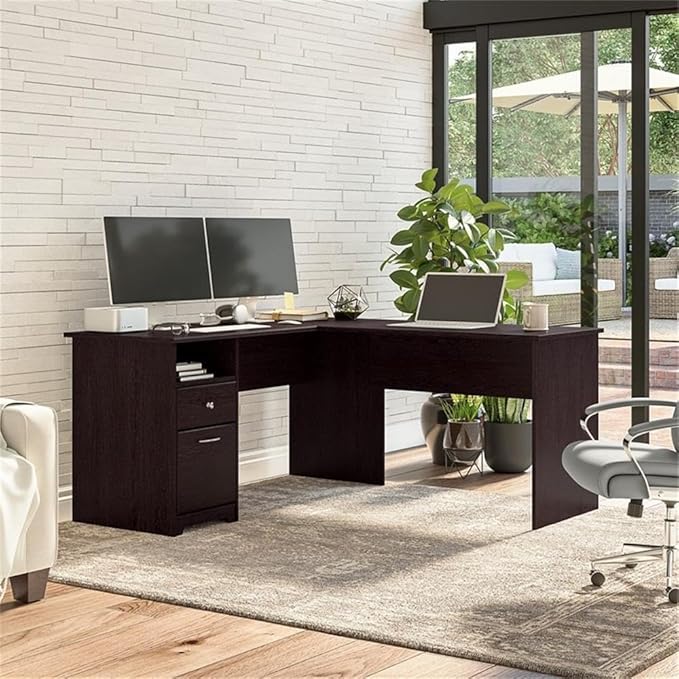 Bush Home Cabot 60W L Shaped Computer Desk with Drawers in Espresso Oak