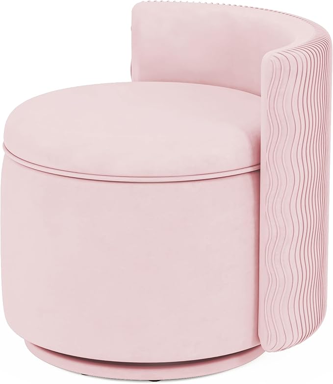 360° Swivel Accent Chair with Storage Vanity Stool with Back Velvet Storage Ottoman Upholstered Round Barrel Vanity Chair for Living Room Makeup Room Bedroom (Pink)