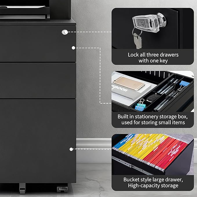 3 Drawer File Cabinet with Wheels Metal Filing Cabinets for Home Office with Lock Under Desk Drawer Organizer Fully Assembled Fits Letter A4 Standard Sizes (Black 23.6*11.8*20.5)