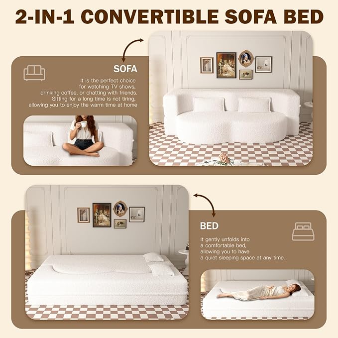 Newfun 78 Convertible Sofa Bed 2 in 1 Folding Couch Bed Futon Sofa Bed with Two Pillows Loveseat Sofa for Living Room Bedroom Lounge Compressed Modern Sofa No Assembly Required (Beige)