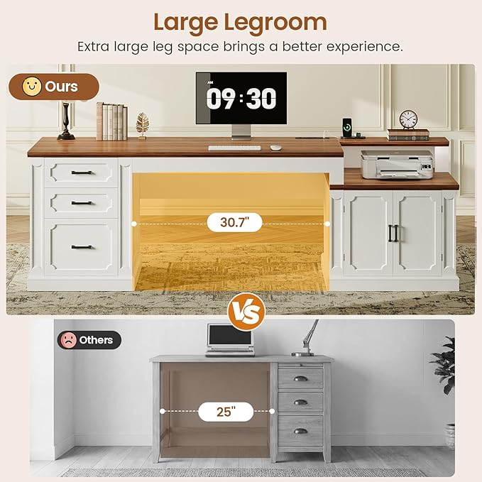 SEDETA 70.9 Executive Desk Farmhouse Office Desk with Drawers and Storage Cabinet Power Outlet Computer Deskfor Home Office Work Study Writing White