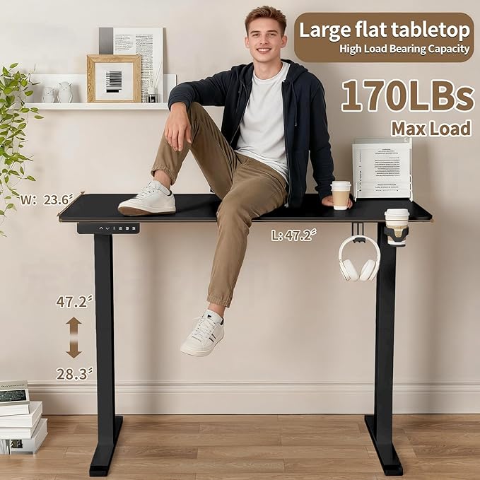Electric Standing Desk 23.6 x 47.2 Adjustable Height Sit Stand Up Desk with 3 Memory Preset Table Ergonomic Computer Desk for Home Office Workstation Black