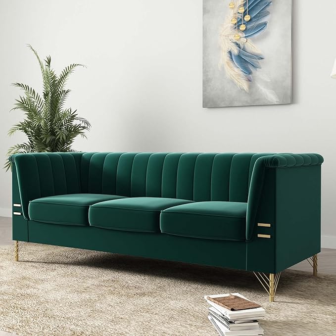 Tomkate Emerald Green Velvet Couch Sofa 83 Mid-Century Modern Tufted Chesterfield Sofa with Flared Arms and Removable Cushions Comfy 3 Seater Couch with Gold Metal Legs for Living Room (Green)