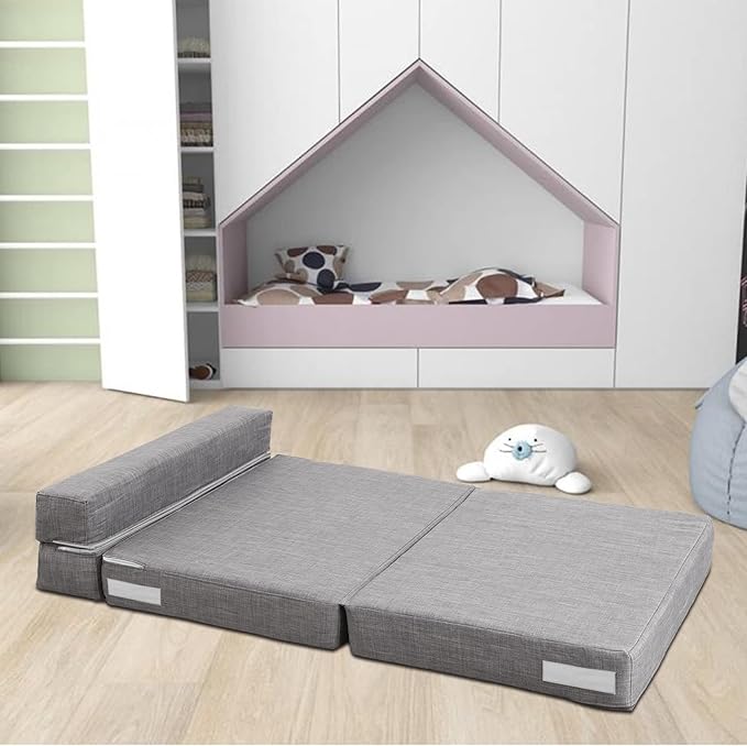 ANONER 60 Folding Sleeper Chair Sofa Bed Lazy Couch with 2 Pillows Queen Size Memory Foam Washable Cover Light Gray