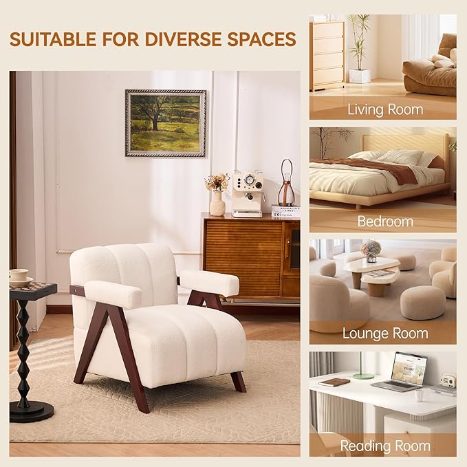 Accent Chairs Set of 2 Mid-Century Modern with Wide Backrest for Bedroom Upholstered Living Room Chair with Wooden Lounge Armchair with Thick Cushion Cute Teddy Comfy Chair Ivory
