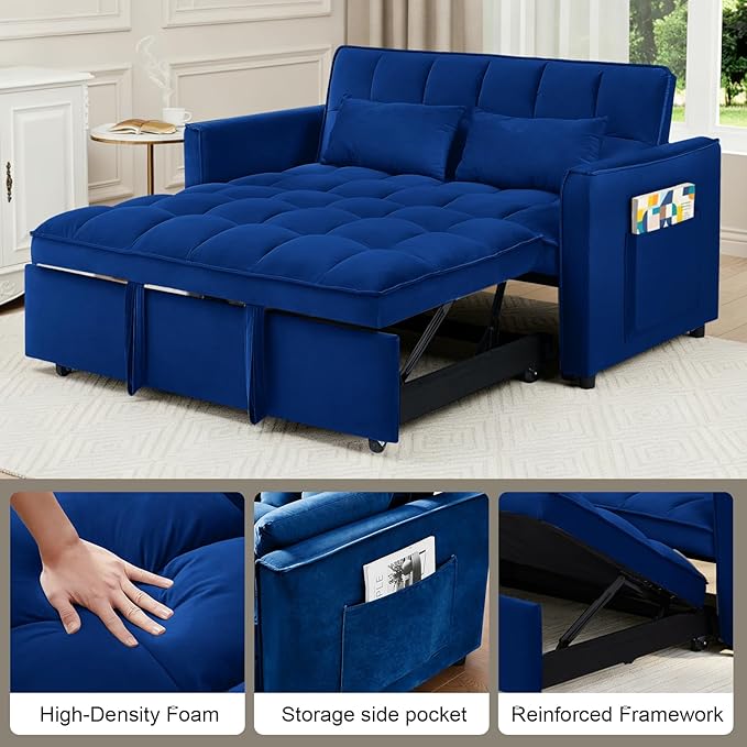 3 in 1 Folding Convertible Sofa Bed 55'' Pull Out Couch Bed with Side Pocket Velvet Fabric Loveseat Sleeper Sofa with Adjustable Backrest Easy AssemblyPerfect for Living Room Blue