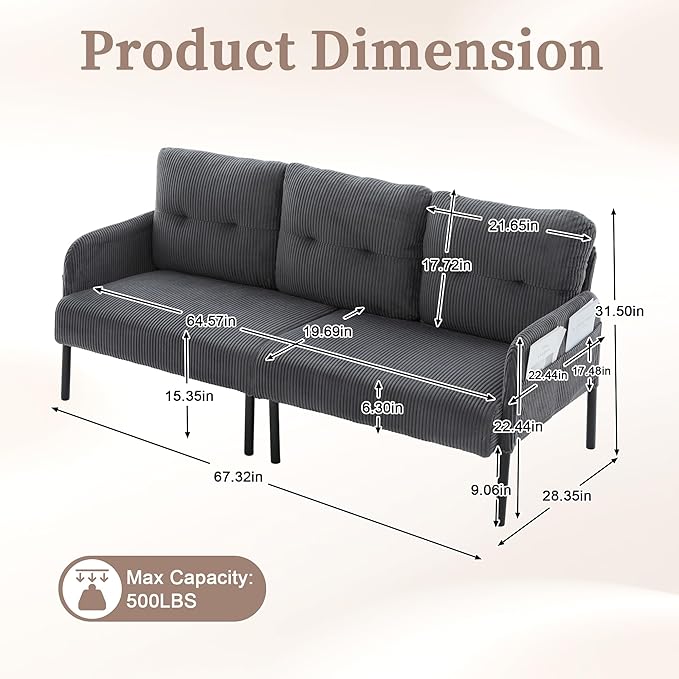 KEIKI 67 Corduroy Loveseat Sofa with Double Side Pockets &amp High Resilience Cushion Modern Style Upholstery Oversized 2-Seater Couch with Metal Legs Easy Assembly for Living Room Gray