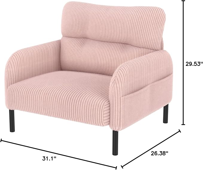 Pink Accent Chair - Corduroy Living Room Chairs with Side Storage Pockets and Durable Legs Comfy Arm Reading Chair with Soft Backrest for Bedroom Balcony Study Room