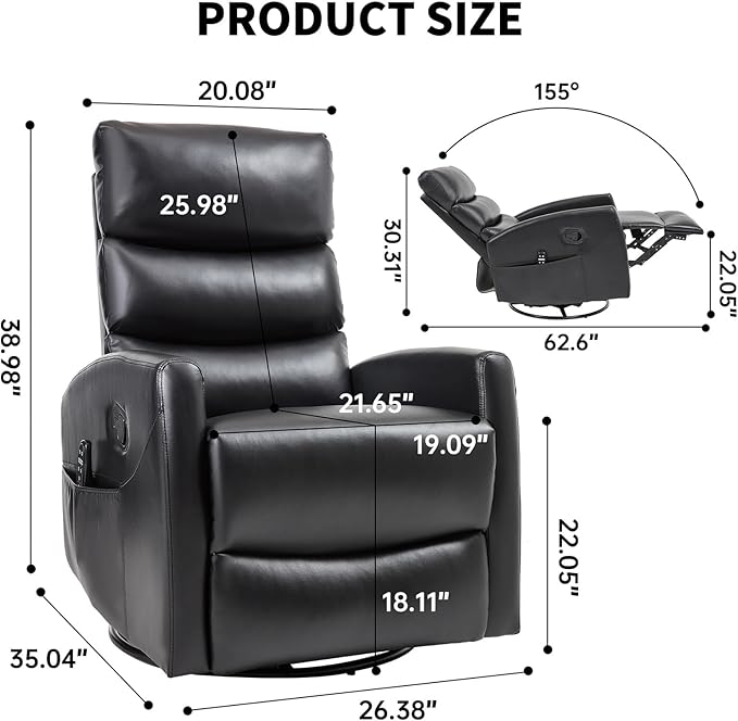 Massage Chair Recliner with Heat Swivel Rocking Chair Recliner with High Back Manual Lazy Boy Recliners for AdultsSmall Recliner Chair for Small Spaces Living Room Bedroom Fabric (Black)