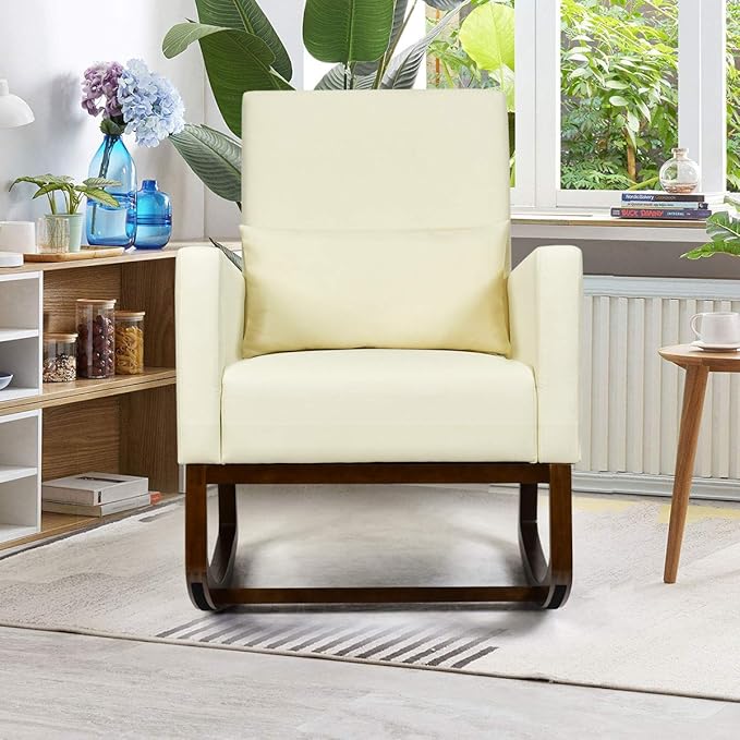 Giantex Upholstered Rocking Chair Modern High Back Armchair Comfortable Rocker with Fabric Padded Seat Waist Pillow and Wood Base Accent Chair for Nursery Living Room Bedroom Office Beige