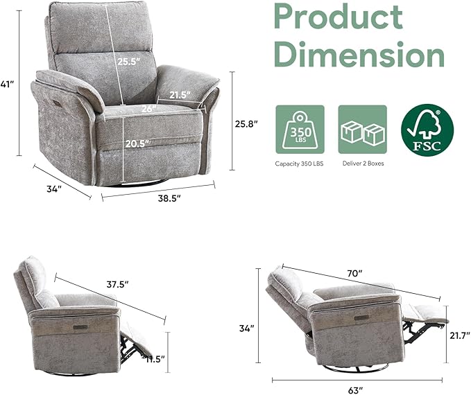 Oversized Power Recliner Chairs for Adults with Massage and Heat Power Swivel Rocker Recliner Chair with Adjustable Headrest 26 Extra Wide Rocker Nursery Recliner with USB Port Light Grey
