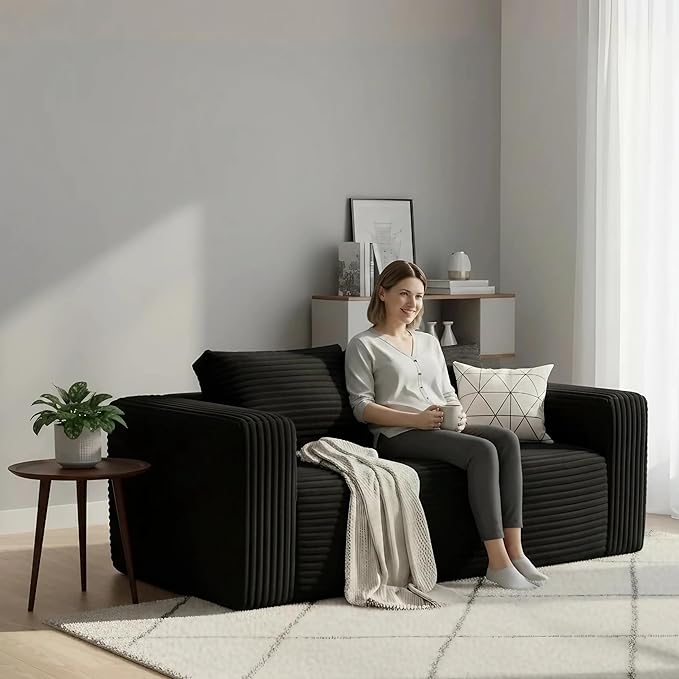 Cloud Sofa Couch in a Box Small Boneless Couch for Living Room Compressed Cloud Boneless Sofa with Memory Foam Modern Corduroy Loveseat 3 Seater Black