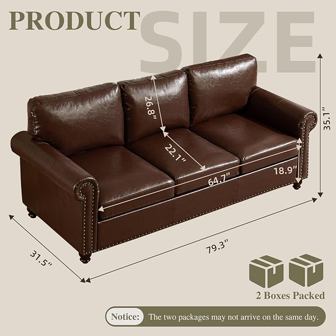 79” Leather Sofa Couch with Storage Mid Century Modern Rolled Arm Couches for Living Room Furniture Nailhead Trim Dark Brown