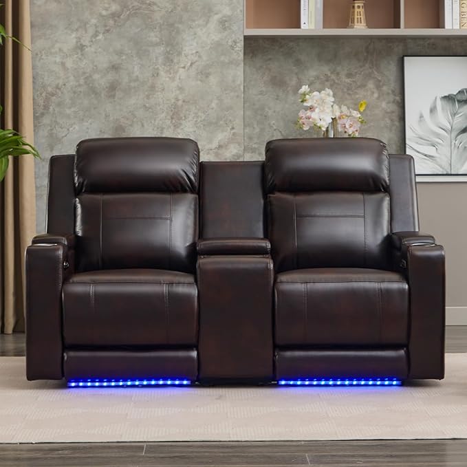 Power Reclining Loveseat with Console Power Loveseat Recliner Sofa with Adjustable Headrest/LED Light/Wireless Charging/Arm Storage Power Recliner Loveseat for Living Room (Brown 2 Seater)