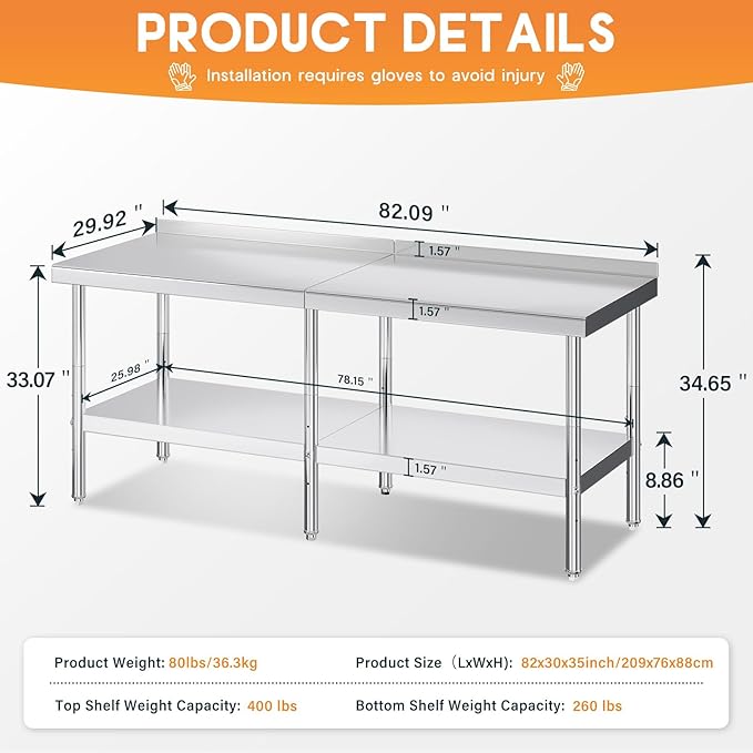 Jocisland 30 x 82 Stainless Steel Table for Prep &amp Work NSF Certified with Backsplash Adjustable Under Shelf &amp Safe Design for Restaurant Home and Outdoor
