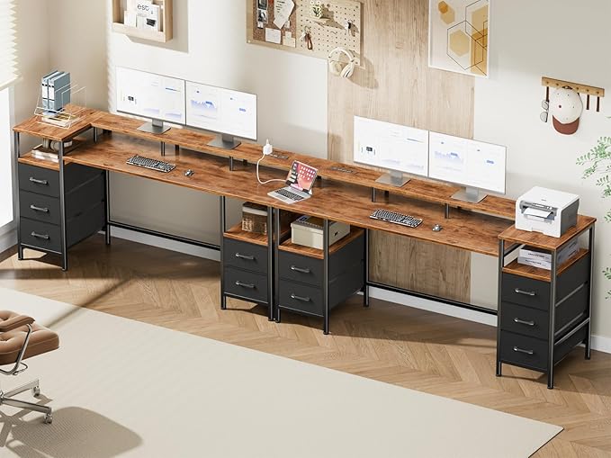 61 Inch Gaming Desk with Power Outlets and LED Lights Reversible Computer Desk with 5 Fabric Storage Drawers Home Office Desk with Monitor Stand for Working Writing Study Rustic Brown