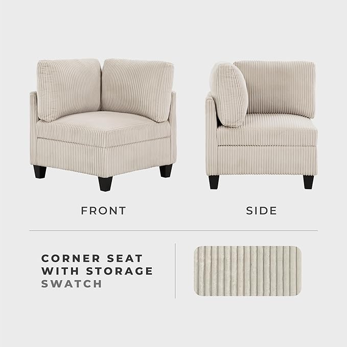 Lexicon Modular Sectional Sofa for Living Room Corduroy Corner Seat with Storage Units of Modular Sectional Couch Upholstered Chair for Customizable Sectional Sofa Couch Beige