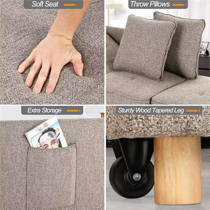 SEJOV Sofa Bed Chair 4-in-1 Convertible Chair Bed 3-Seat Linen Fabric loveseat Sofa with 2 Throw Pillow Single Recliner for Small Space with 5 Adjustable Backrest Brown Grey