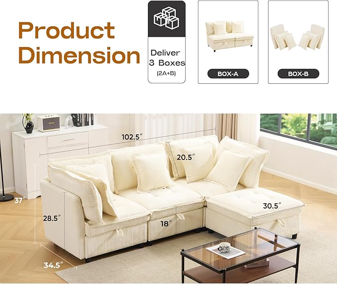 Modular Sectional Sofa 102.5 L-Shaped Cloud Couch with Storage 4-Seater Deep Seat Couch with Tufted Cushions &amp Removable Pillows Comfy Corduroy Couches for Living Room Beige | Modern couch