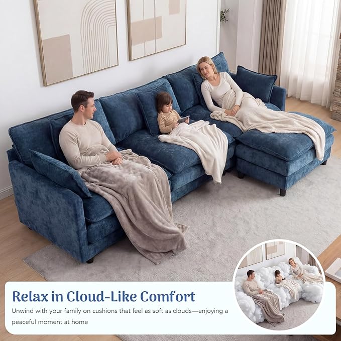 Redlife 108” L-Shaped 3-Seat Modular Sectional Sofa with Ottoman Chenille Upholstered Couch with Spring-Embedded 30D Foam Cushions Removable Covers Easy Assembly Corner Sofa for Living Room Blue