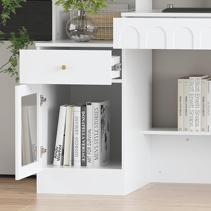 ECACAD Large Computer Desk with 79.1 Tall Bookshelf 62.4 L Corner Computer Desk with Glass Doors and Carved Arched Patterns Home Office Desk with 3 Drawers &amp 12 Shelves White