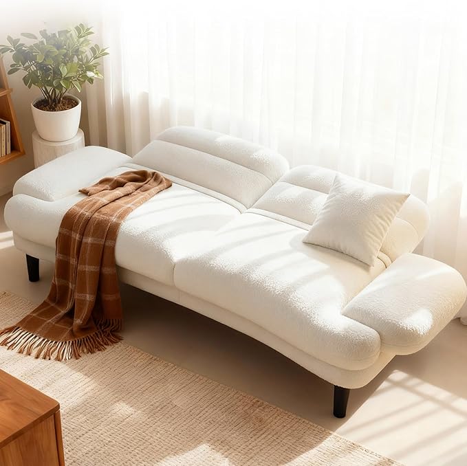 79'' Futon Sofa Bed Plush Sherpa Cloud Futon Sofa Couch with Adjustable Backrest and Armrests Foam and Spring Folding Sofa Bed Convertible Recliner Sleeper Sofa for Apartment Living Room Beige