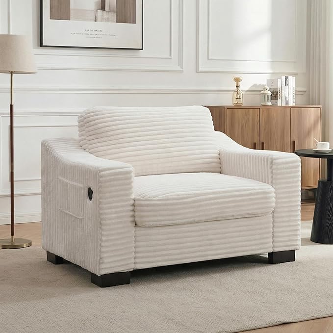 46.1''W Oversized Accent Chair Modern Single Armchair with USB Charger &amp Storage Pocket Comfy Reading Chair Tufted Corduroy Fabric for Living Room Bedroom Apartment Office (Beige)