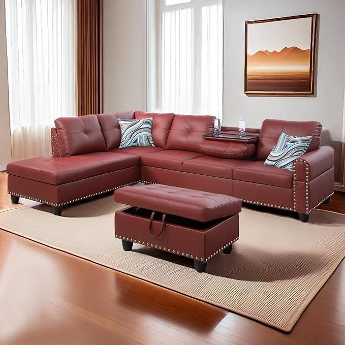 L Shaped Sectional Couch with Storage Ottoman Modern Nailhead Comfy Lounge Sofa with Reversible Cup Holder &amp Chaise 97 4 Seat Modular Sofá for Living Room Apartment Red