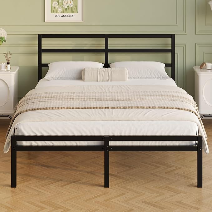 12 Inch Full Bed Frame with Headboard and Footboard Classic Metal Platform Full Size Bed Frame Under Bed Storage No Box Spring Needed Easy Assembly Noise Free Black