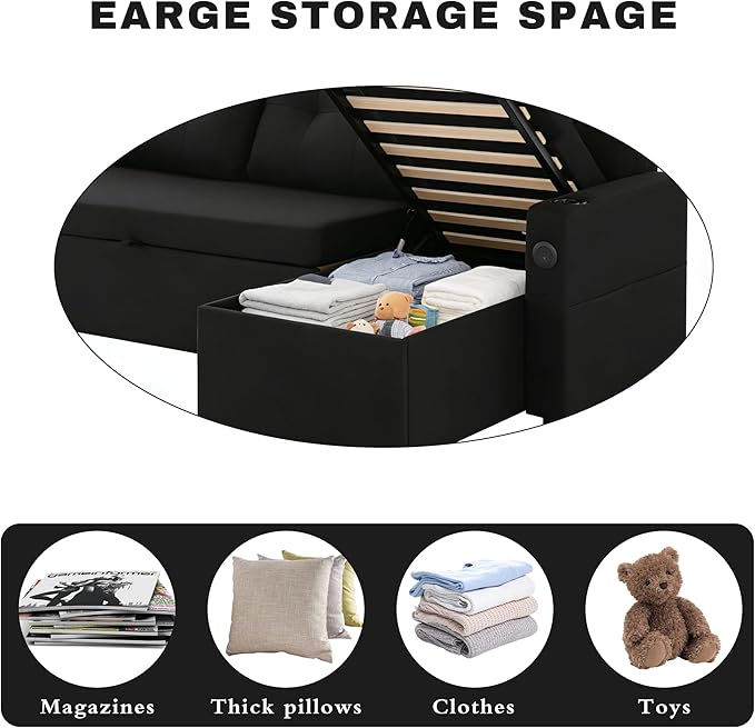 82 Pull Out Sofa BedL-Shape Modern Sleeper Sofa Upholstered Sectional Couch with USB Port and Side Pockets for Living RoomGuest Room (Black)