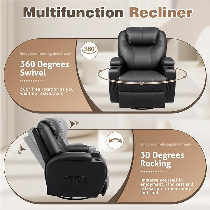 Recliner Chair 360° Swivel Rocker Chair for Adults Rocking Recliner Chair with Massage Comfy Single Sofa with Side Pockets Cup Holders for Living Room Bedroom Nursery (Leather Black)