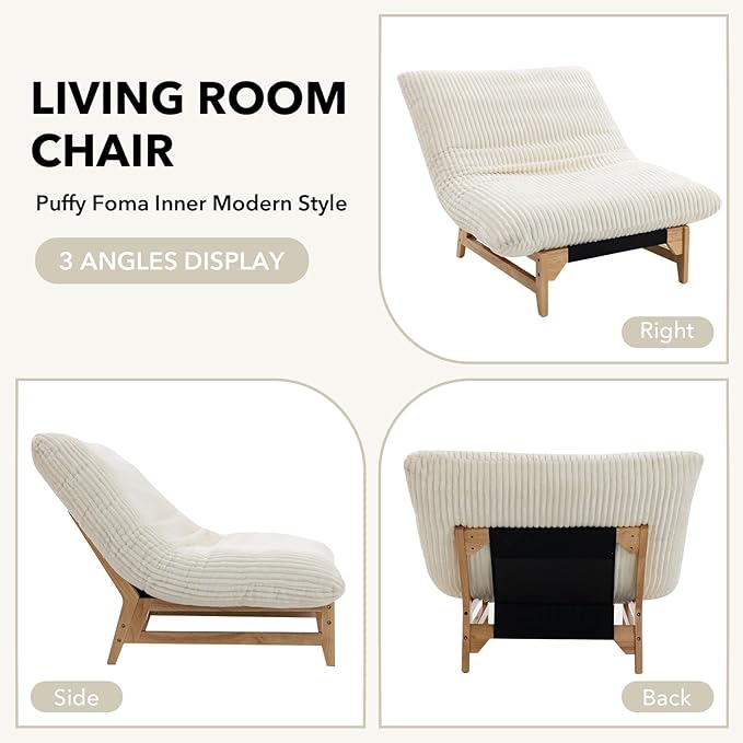 Modern Accent Chair Comfy Corduroy Upholstered Living Room Chair with Cushion Comfortable Accent Sofa Chair with Wooden Frame Armless Lazy Sofa for Living Room Bedroom (Beige) | Cushion
