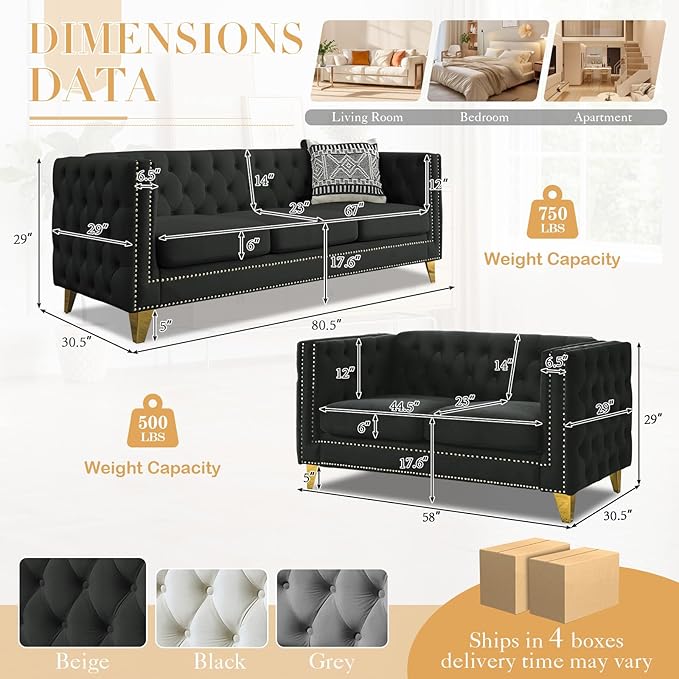 Chesterfield Sofa Set of 2 Modern Velvet Couch with Button Tufted &amp Nailhead Trim Upholstered Deep Seat Couch Comfy Sofa for Living Room Bedroom Apartment Office(58 W + 80.5 W Black)