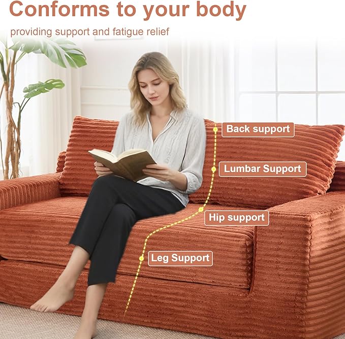 GNIXUU Corduroy Cloud Loveseat Sofa 2 in 1 Convertible Sleeper Sofa with Fixed-Shape Frame Comfy Folding Boneless Love Seat Couches for Living Room Apartment Small Spaces. Orange