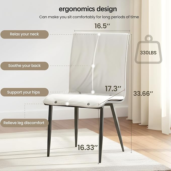 PU Leather Dining Chairs Set of 2 Waterproof Ergonomic Accent Chairs with Removable Cushions Sturdy Metal Legs Space-Saving Side Chairs for Small Kitchen Dining Room Living Room &amp Vanity