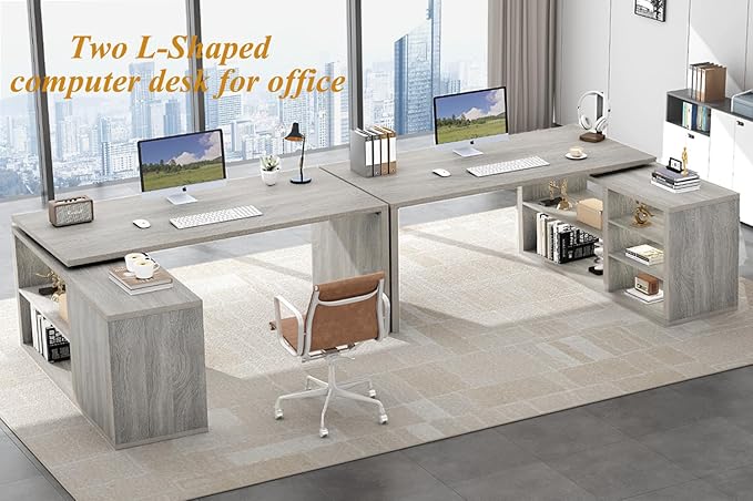 HSH Gray L Shaped Corner Desk with Storage Shelves Reversible L Shape Computer Desk with Storage Cabinet Adjustable Corner Home Office Desk for PC Executive Writing Study Work Light Grey 55 Inch