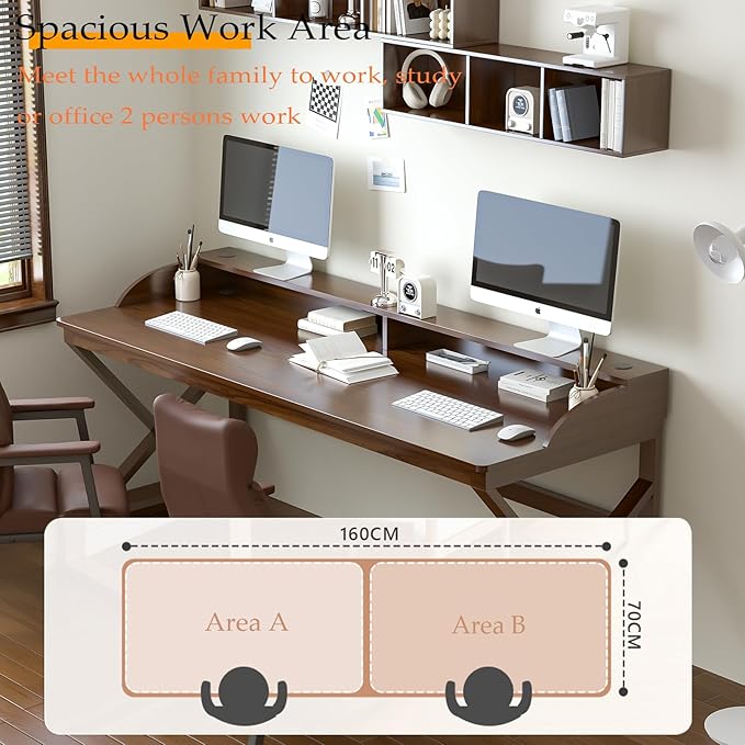 Long Desk with Monitor Stand - 63 Double Long Computer Table for 2-Person Workstation Large Writing Study Work Desk for Home and Office Walnut