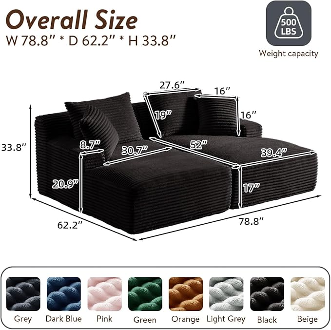 Oversized Double Chaise Lounge Chair IndoorWide Corduroy Boneless Chaise Lounges Sofa Comfy Upholstered Sectional Cloud Couch No Assembly Required Loveseat Sleeper Chair Bed for Living Room(Black)