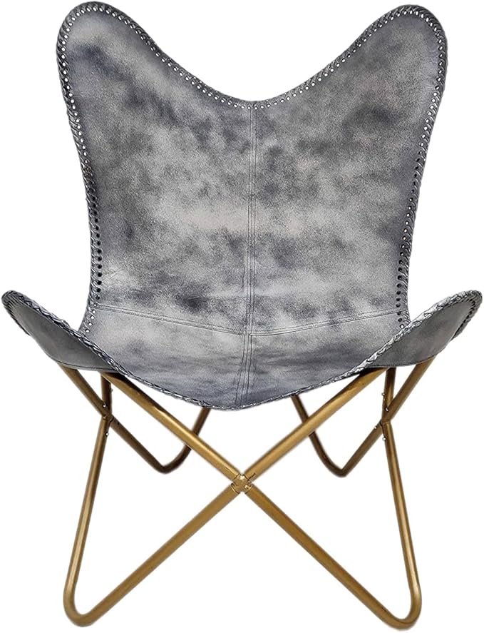 PLW Handmade Gray Leather Butterfly Chair with Ottoman – Folding Lounge Chair Set with Gold Iron Frame Vintage Accent Seating for Living Room Bedroom or Office