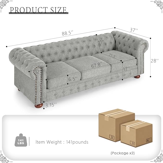 Dreamzie 89 Chesterfield Sofa Couch 3-Seater Linen Vintage Couch Mid Century Modern Sofa with Rolled Arm for Living Room Office Light Gray