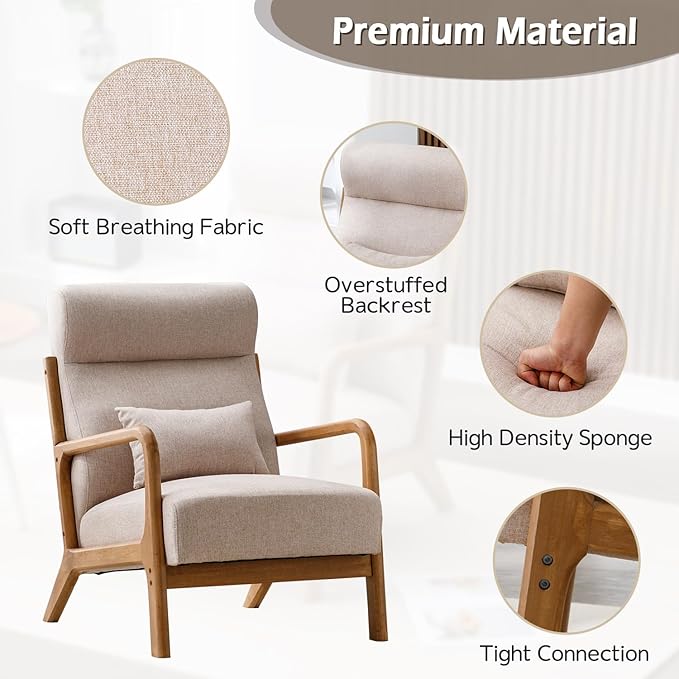INZOY Mid Century Modern Accent Chair Set of 2 High Back Reading Armchair with Wood Frame Upholstered Living Room Chairs with Waist Cushion Single Lounge Arm Chair for Bedroom Sunroom Beige