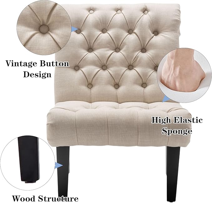 Alunaune Living Room Chair Modern Accent Chair Upholstered Tufted Armless Bedroom Chair Sofa Backrest Fabric Recliner Lounge Chair Wood Legs-Ivory